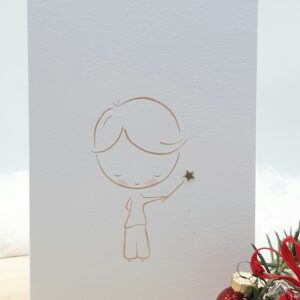 voorkant kerstkaart jongen met toverstaf