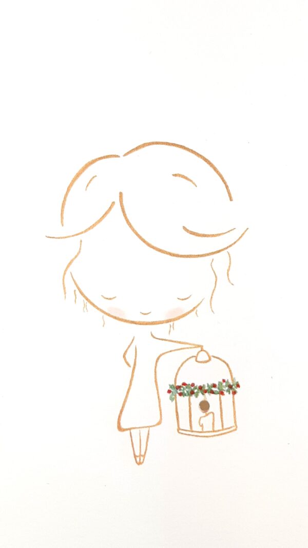 tekening kerstkaart meisje met lantaarn